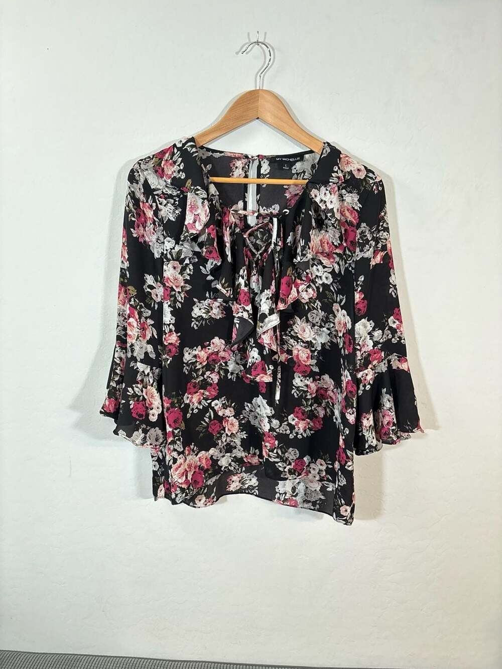 My Michelle Floral Ruffle Lace-Up Bell Sleeve Blouse Size L